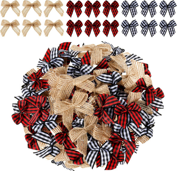 60 PCS Christmas Mini Plaid Bows Burlap Bows Christmas Buffalo Plaid Bows Gingham Ribbon Bows Ornament for Christmas Tree Crafts Home Decoration DIY Making (Multiple Colors)