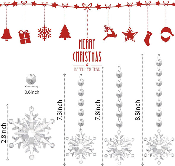 21 Pieces Acrylic Christmas Snowflake Ornament with Octagon Bead Garland Chain Clear Hanging Xmas Tree Pendant Crystal Acrylic Snowflake Bead Garland for Christmas Snow Theme Party Winter, 3 Sizes