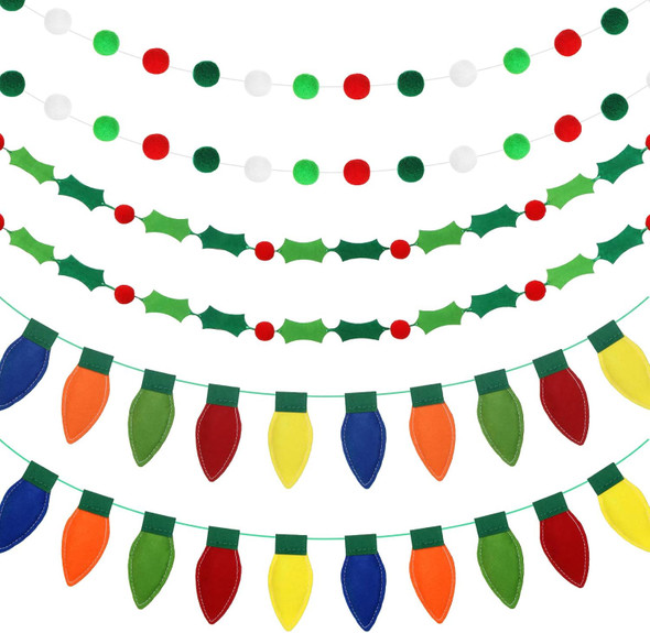 3 Pieces Christmas Wool Felt Ball Garland 39.4 Feet Pom Pom Garlands Holly Berries Felt Banner Colorful Christmas Light Bulbs Christmas Hanging Garland Banner for Wall Christmas Tree Decoration