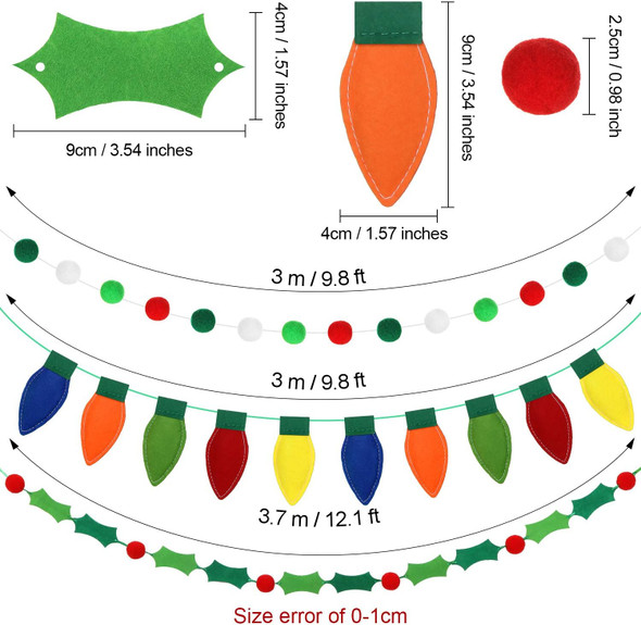 3 Pieces Christmas Wool Felt Ball Garland 39.4 Feet Pom Pom Garlands Holly Berries Felt Banner Colorful Christmas Light Bulbs Christmas Hanging Garland Banner for Wall Christmas Tree Decoration