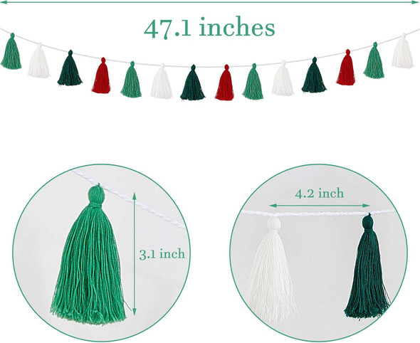 WILLBOND 4 Pieces Christmas Tassel Garland Merry Christmas Felt Garland Tassel Banners Decoration for Christmas Tree Classroom Home Supplies(3.1 Inch,Red, White, Light Green, Dark Green)