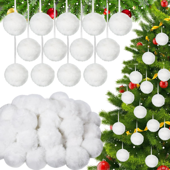 WILLBOND 60 Pcs White Christmas Ornaments Pom Pom Balls 1.96 Inch Christmas Fur Ornaments Xmas Pompom Hanging Decoration Furry Fluffy Christmas Ornaments for Xmas Tree DIY Craft Decor