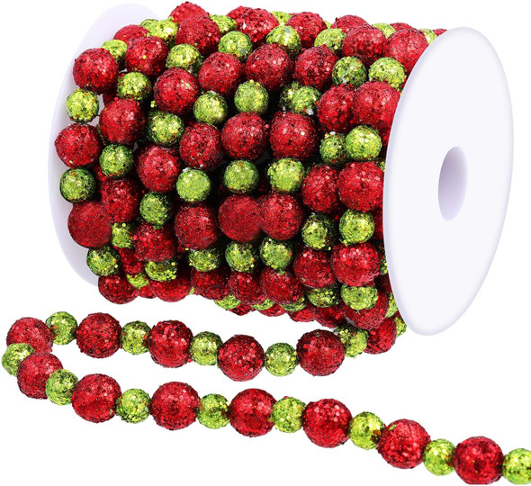 WILLBOND 16 Feet Christmas Tree Beaded Garland, Xmas Tree Glitter Green and Red Ball Garland Beads Christmas Plastic DIY Holiday Decoration