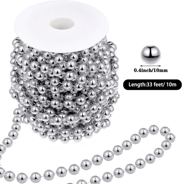 33 Feet Christmas Tree Beads Artificial Pearls Beads Garland Plastic Beads Roll for Christmas Wedding Party Decoration DIY Crafts (Silver)