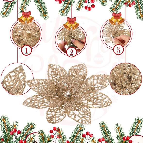 WILLBOND 36 Pieces Christmas Poinsettia Flowers Artificial Ornaments Glitter Christmas Decorations Tree Wedding Year(Champagne) WILLBOND 36 Pieces Christmas Poinsettia Flowers Artificial Ornaments Glitter Christmas Decorations Tree Wedding Year(Champagne)