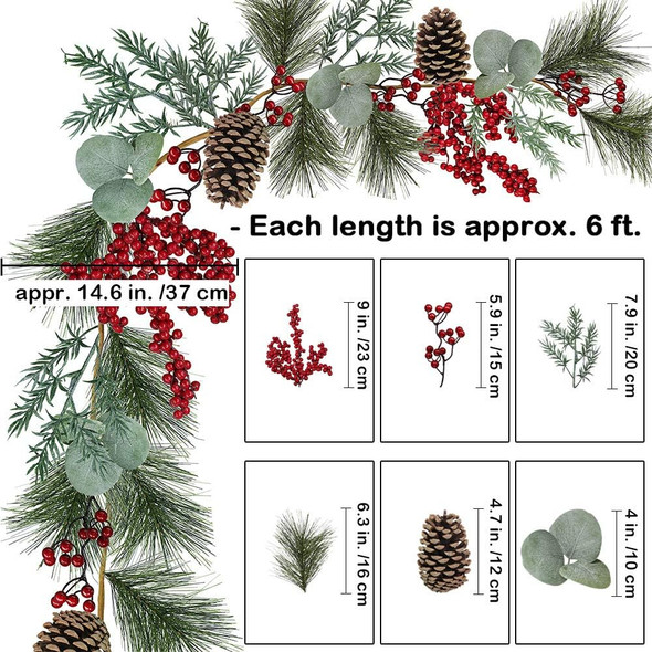 6' Long Christmas Artificial Pine Needle Garland Wired Rustic Twig Vine Birch Garland with Assorted Faux Red Berries Eucalyptus Leaves Natural Pine Cones Fir Sprigs Garland Holiday Season Winter Decor