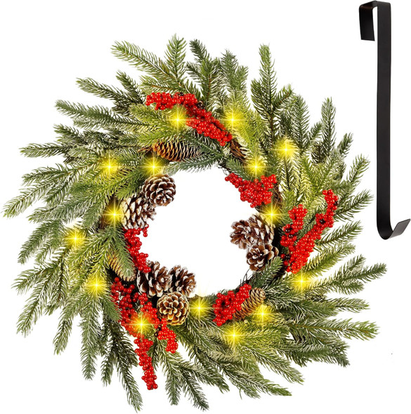 winemana 24 Inch Pre-Lit Christmas Wreath with Hanger, Timer, Pine Cone and Red Berries, Battery-Operated 20 LED Lighted Artificial Wreath Decoration for Front Door Mantel Xmas Party