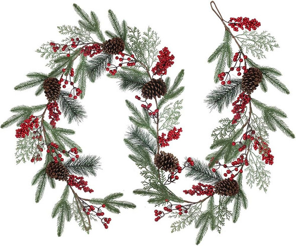 Artificial Christmas Pine Garland with Spruce Cypress Pinecones Red Berry Garland Winter Greenery Garland for Holiday Season Mantel Fireplace Table Runner Centerpiece Decoration 6.6 feet
