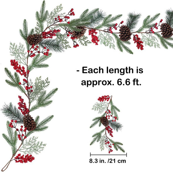 Artificial Christmas Pine Garland with Spruce Cypress Pinecones Red Berry Garland Winter Greenery Garland for Holiday Season Mantel Fireplace Table Runner Centerpiece Decoration 6.6 feet