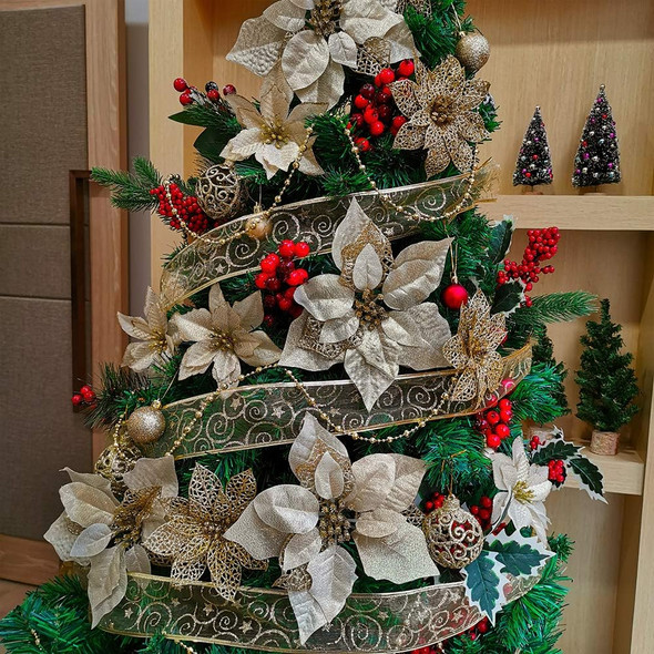 24 Set 3 Styles Christmas Gold Glitter Poinsettia Flowers Picks Christmas Tree Ornaments for Gold Christmas Tree Wreaths Garland Holiday Seasonal Wedding Decorations White Box Included