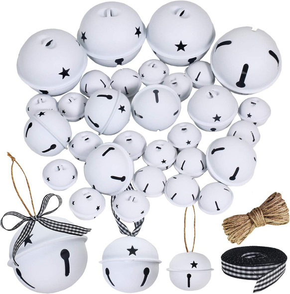 Winlyn 30 Pcs White Jingle Bells with Star Cutouts Christmas Metal Sleigh Bells Rustic Craft Bells for Christmas Tree Wreath Garland Ornaments Holiday DIY Decorations Assorted Sizes 1.6" 2.4" 3.5"