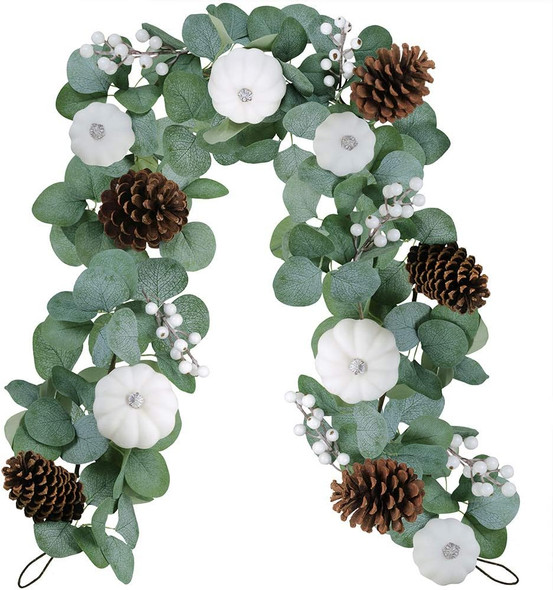 Winlyn White Pumpkin Garland Artificial Eucalyptus Garland with White Pumpkins Pinecones Berries Fall Foliage Garland for Wedding Arch Backdrop Thanksgiving Table Runner Farmhouse Décor 6' Long