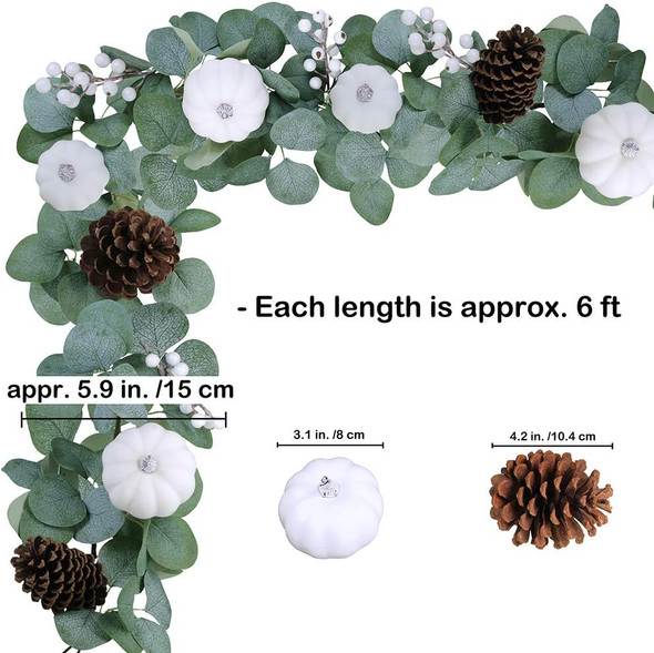 Winlyn White Pumpkin Garland Artificial Eucalyptus Garland with White Pumpkins Pinecones Berries Fall Foliage Garland for Wedding Arch Backdrop Thanksgiving Table Runner Farmhouse Décor 6' Long