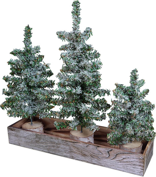 Winlyn Set of 3 Mini Snowy Artificial Canadian Pine Christmas Trees with Wood Bases Small Tabletop Christmas Trees in Rustic Wood Planter for Christmas Winter Table Centerpiece Holiday Decorations