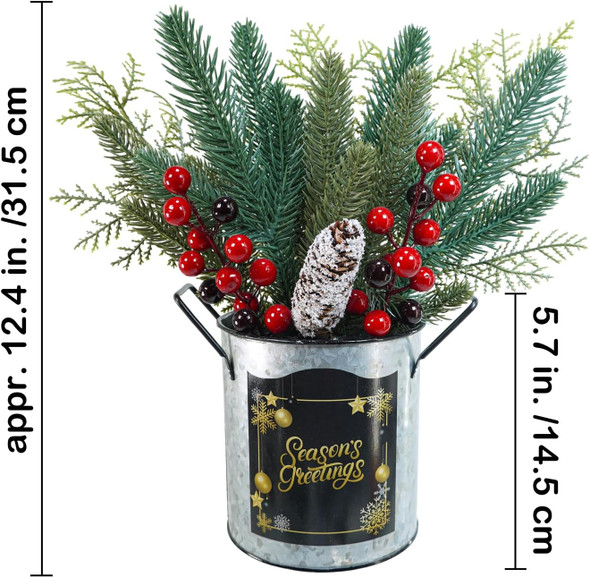 Winlyn 1 Pack Christmas Floral Arrangement Centerpieces Artificial Pine Needle Cedar Red Berry Pinecone in Galvanized Pots Small Potted Christmas Tree 12.4" Tall for Holiday Home Mantel Tabletop Décor