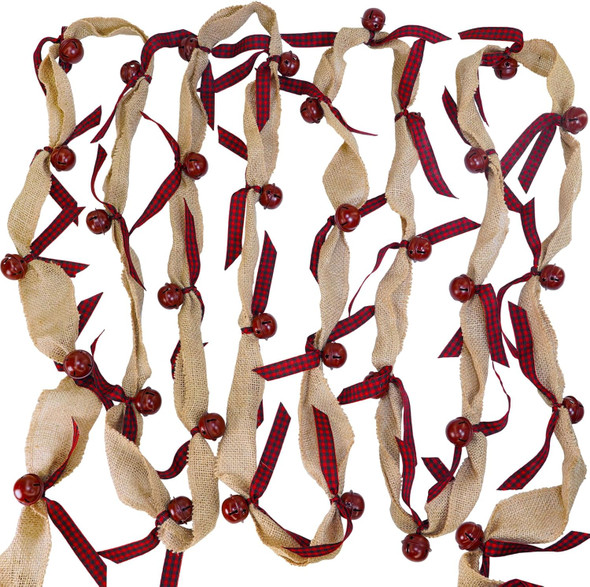 Winlyn 6 Yards Christmas Rustic Sleigh Bell Garland Farmhouse Burlap Garland Metal Jingle Bell with Buffalo Plaid Ribbon Christmas Tree Garland for Vintage Christmas Holiday Banister Mantel Decoration