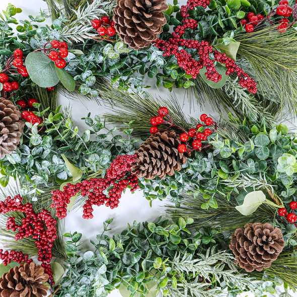Winlyn 6' Long Artificial Eucalyptus and Pine Christmas Garland with Pine Cones Red Berries Pine Needles Winter Greenery Garland Christmas Season Holiday Wedding Table Runner Centerpiece Mantel Decor