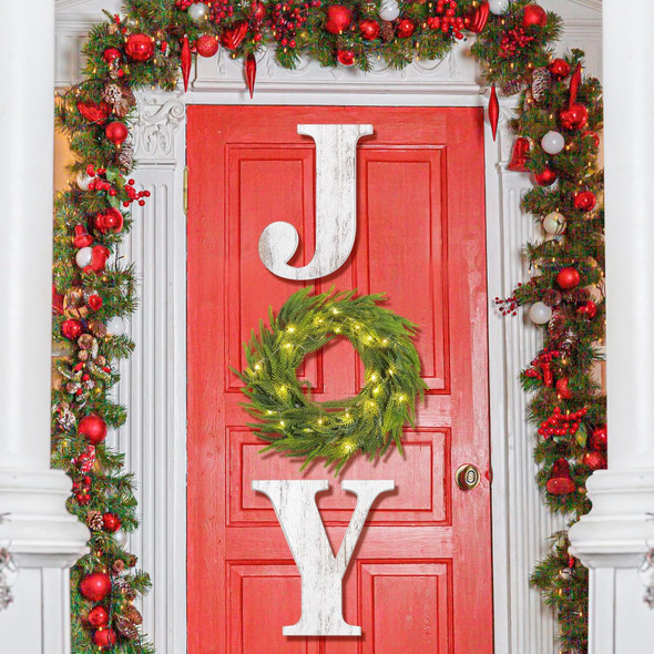 12 Inch Lighted Christmas Wood Joy Sign with Wreath LED String Lights Large Xmas Joy Letters Decor Wooden Hanging Joy Sign for Xmas Holiday Indoor Outdoor Home Wall Door Decoration(White)