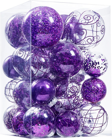 Wironlst Christmas Ball Ornaments Shatterproof Clear Large Plastic Hanging Ball Decorative Baubles Set with Stuffed Delicate Decorations (Multi-Size, Purple)