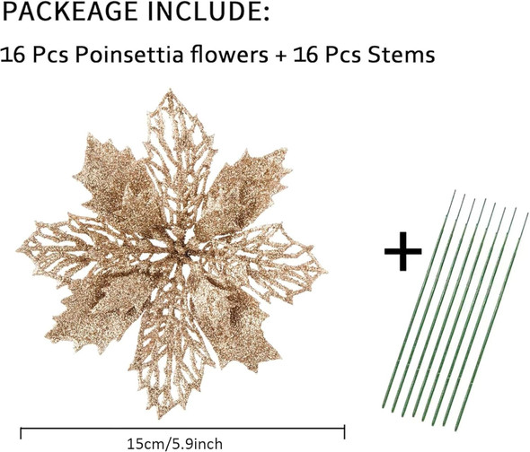Wironlst 16 Pcs Glitter Poinsettia Flowers Artificial - Christmas Champagne Poinsettia Decorations Tree Flowers Ornaments for Xmas/Holiday/Seasonal/Wedding Decor