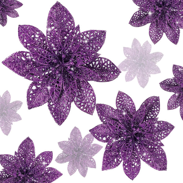 Wironlst 24 Pieces Glitter Poinsettia Flowers Christmas Tree Ornaments, Glitzy Poinsettia Bushes Christmas Decorations for Xmas/Holiday/Seasonal/Wedding (Purple)