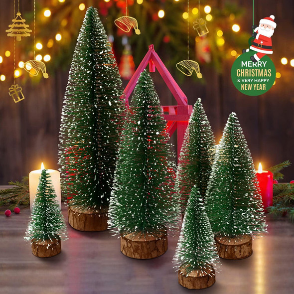 Mini Christmas Trees Christmas Decor, Artificial Christmas Mini Bottle Brush Trees Tabletop, Christmas Decoration Trees with 4 Size Xmas Holiday Decor (Green, 6Pcs)