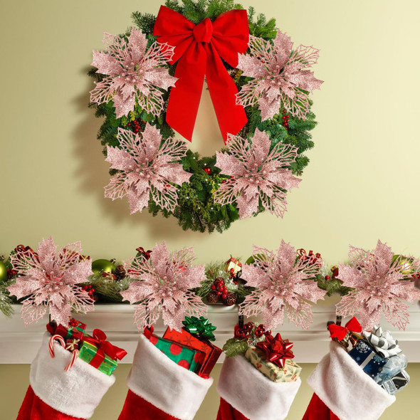 Poinsettia Christmas Decorations Flowers -12Pcs Artificial Poinsettia Christmas Tree Ornaments Glitter for Xmas Year Wedding Party Wreath DIY Garland Decor (Rose Gold)