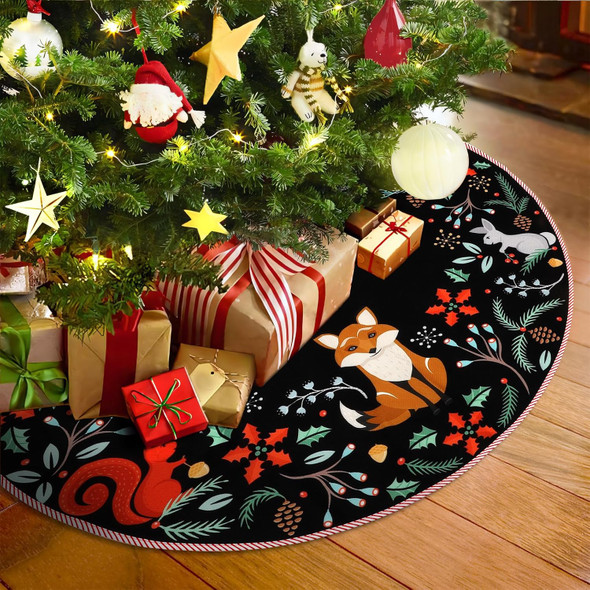 Christmas Tree Skirt 36" Forest Animals Xmas Tree Skirt Decor Mats for Farmhouse Rustic Xmas Holiday Indoor Party Outdoor Decorations (Black, 36 Inch)