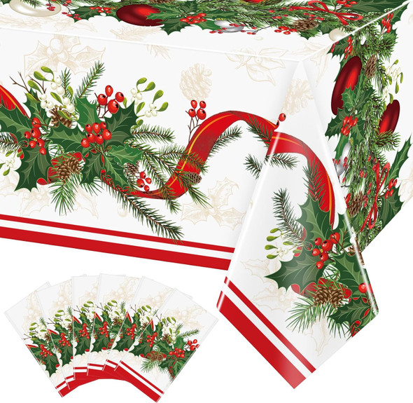 6 Pcs Christmas Plastic Disposable Tablecloth 108 x 54 Inch Holly Berry Ribbon Garland Table Cover Rectangle Christmas Party Table Cloth for Christmas Party Dining Table Supplies