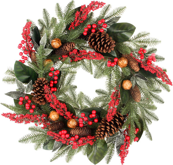 24 Inch Christmas Wreath Green Leaves Wreath for Front Door Artificial Eucalyptus Wreath with Berry and Pine Branches Christmas Decorations Indoor and Outdoor
