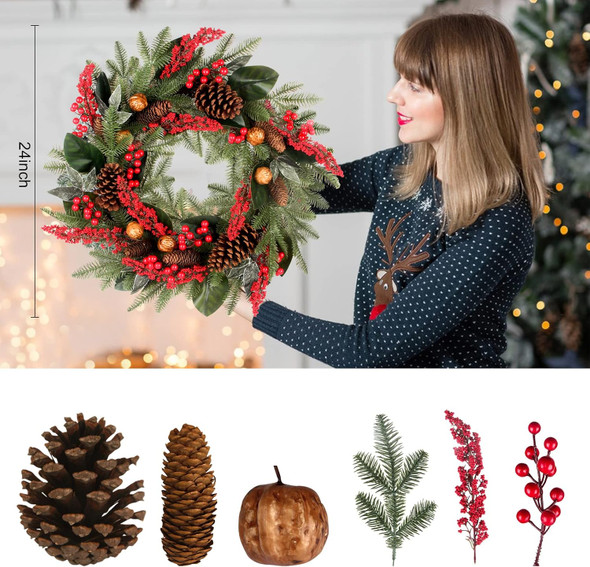 24 Inch Christmas Wreath Green Leaves Wreath for Front Door Artificial Eucalyptus Wreath with Berry and Pine Branches Christmas Decorations Indoor and Outdoor