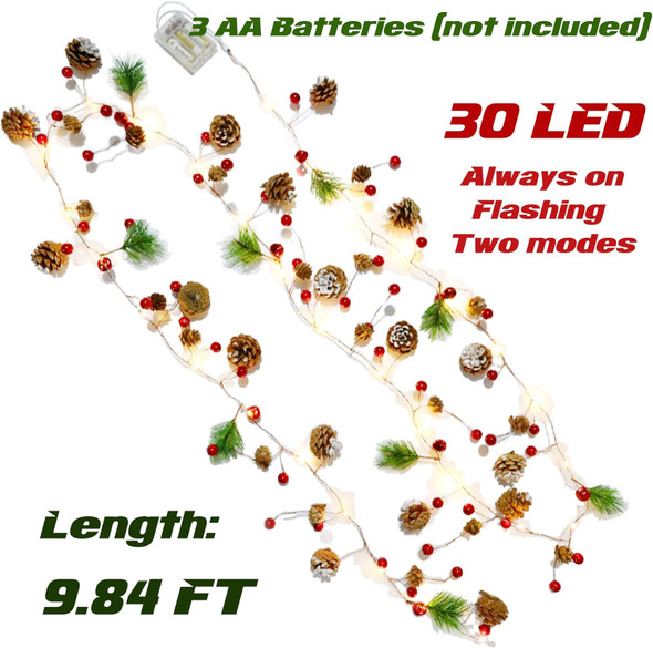 WYNK Christmas tree string lights, Christmas Garland Decoration with lights, 9.84FT 30LED Xmas Pinecone Red Berry Mushroom Lights Battery Powered Christmas Year Holiday Party Decoration Indoor WYNK Christmas tree string lights, Christmas Garland Decoration with lights, 9.84FT 30LED Xmas Pinecone Red Berry Mushroom Lights Battery Powered Christmas Year Holiday Party Decoration Indoor