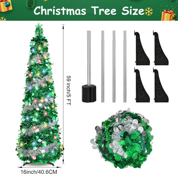 5FT Pop Up Christmas Tree Tinsel Christmas Tree with 8 Modes 90 Colorful Christmas Decorations Collapsible Christmas Tree for Indoor Home Holiday Christmas Party Decorations(Sliver/Green)