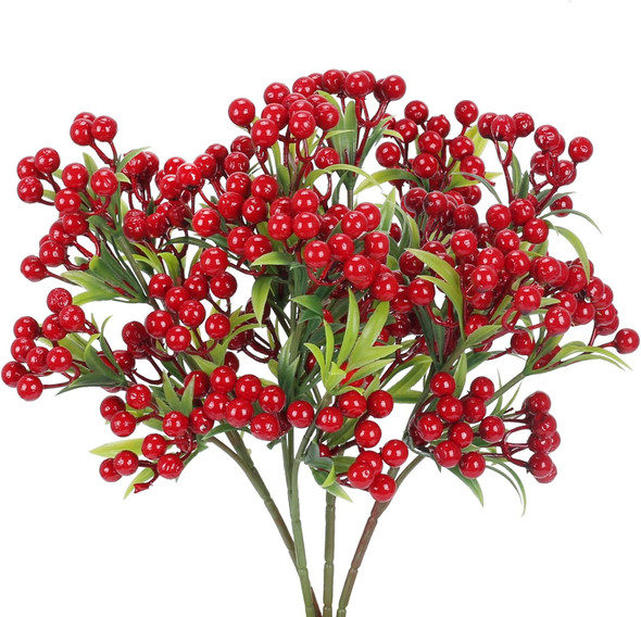 XHXSTORE 4Bundles Artificial Red Berries Christmas Greenery Stems Faux Burgundy Red Holly Berry with Green Leaves for Xmas Tree Home Wedding Flower Arrangement DIY Wreath Holiday Decor