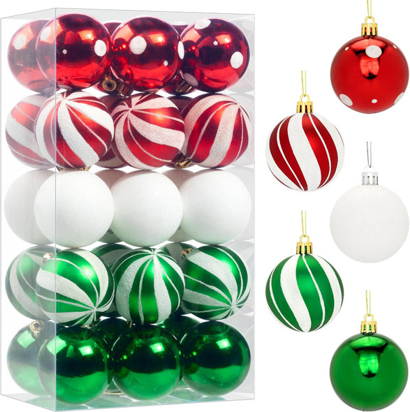 30 Pcs Christmas Ball Ornaments Set, 2.36'' Red Green and White Luxury Hand-Painted Xmas Tree Decoration, Shatterproof Decorative Hanging Ornament Bulk for Party Holiday Wreath Garland Home Décor