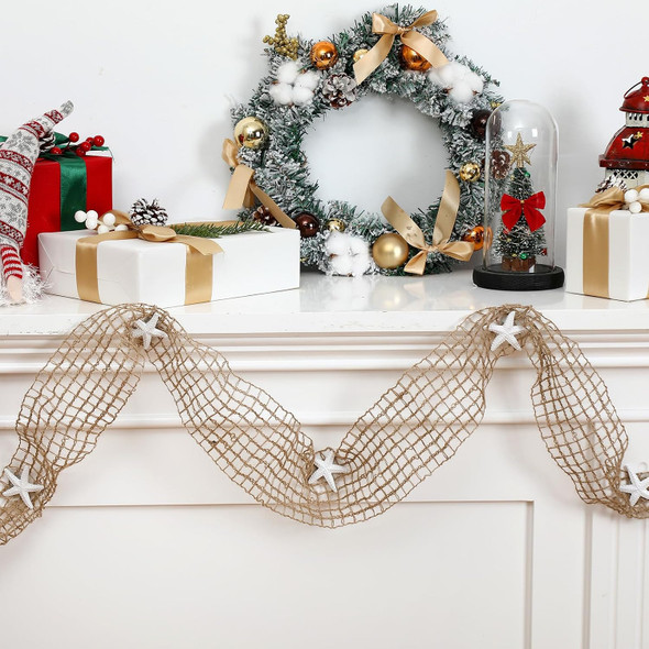Christmas Starfish Garland Ocean Themed Fishnet Beach Decor Coastal Garland Decor Beach Themed Wedding Decor for Christmas Tree Mantel Curtains Home Decor Supply (20 Feet,White, Brown)