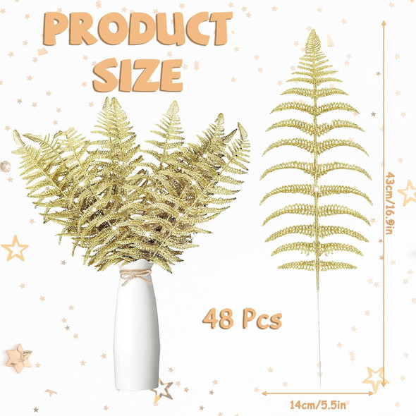 Xinnun Christmas Glitter Leaves Artificial Tropical Leaf Christmas Tree Sprays Glitter Leaf Garland Flashing Christmas Picks DIY Bouquet Stem Floral Branches for Wedding Xmas Wreath (Gold,48 Pcs)