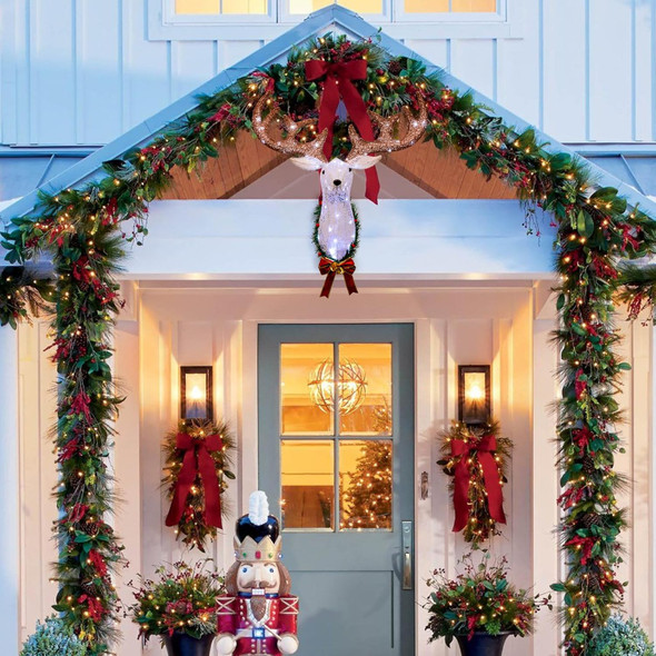 Christmas Outdoor Decoration, Reindeer Head Wall Decor,Xmas Rudolph Reindeer Hanging Wreath with Operated 8 Modes, Creating a Unique Atmosphere for The Entire Christmas Season. (Brown)