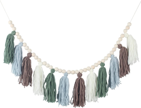Tassel Garland with Wood Beads Boho Cotton Tassel Banner Wall Hangings Decor，Birthday Christmas Party Decor,Bedroom, Nursery, Play Room, Dorm Room, Baby Shower, Classroom School Party Room Decor