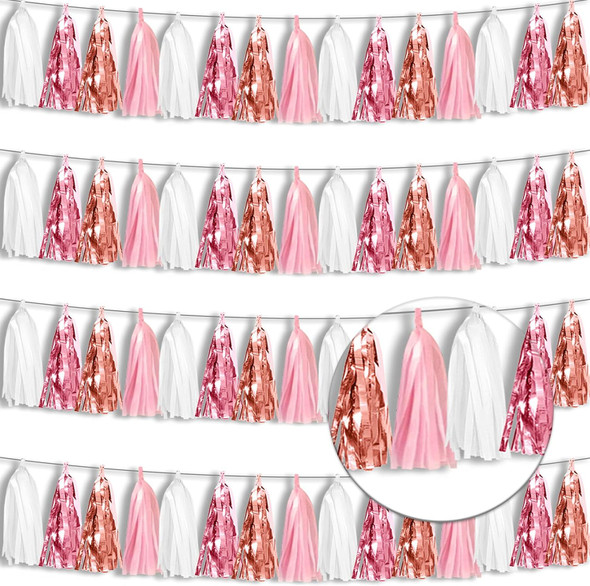 4P Rose-Gold Pink White Foil Fringe Tassel Banner Garland Metallic Tinsel Streamers Wall Hanging Curtain Backdrop for Parade Floats, Graduation , Wedding, Birthday, Retirement Party Decorations