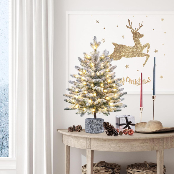 Yaheetech 2FT Pre-lit Potted Flocked Christmas Tree, Snow Frosted Mini Tabletop Artificial Christmas Tree with 35 Warm White LED Lights and 262 PE Branch Tips for Holiday Decoration