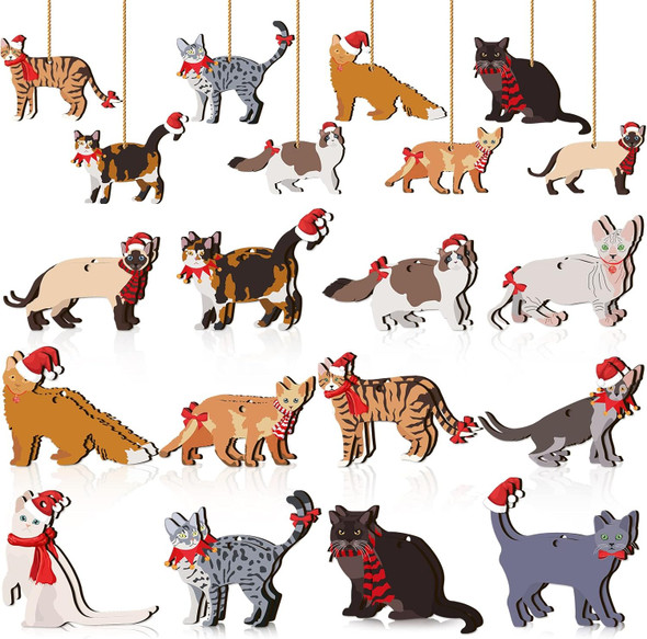 Yalikop 24 Pcs Christmas Wooden Ornaments for Tree Christmas Dinosaurs Hanging Ornaments Cute Xmas Holiday Dinosaur Wood Tree Decorations for Christmas Party Favors(Cat)