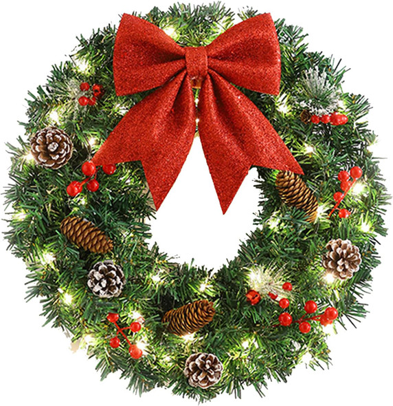 Pre-Lit Artificial Christmas Wreath,18inch/45cm Artificial Christmas Garland for Front Door with Red Bowknot, Pine Cones, Red Berries, 40 LED Lights for Indoor and Outdoor Christmas Decorations