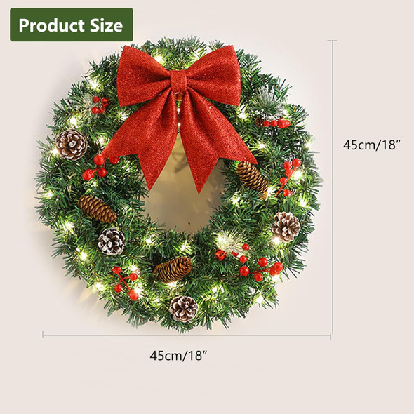 Pre-Lit Artificial Christmas Wreath,18inch/45cm Artificial Christmas Garland for Front Door with Red Bowknot, Pine Cones, Red Berries, 40 LED Lights for Indoor and Outdoor Christmas Decorations
