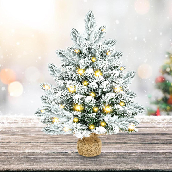 Small Christmas Tree, 20 inch Artificial Mini Christmas Tree with Lights, Snow Flocked Xmas Tree with Burlap Base, Table Top Desktop Christmas Tree for Home Office Christmas Holiday Decorations,Silver