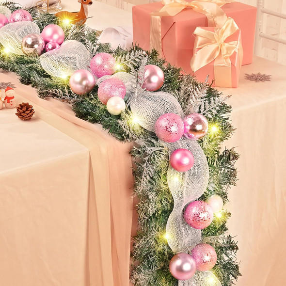 Christmas Garland Decorations, 5.9 FT Christmas Garland for Mantle, Snow Flocked Garland with Ribbons White Pink Christmas Balls, Frosted Garland Pine Garland for Indoor Outdoor Table Home Decor