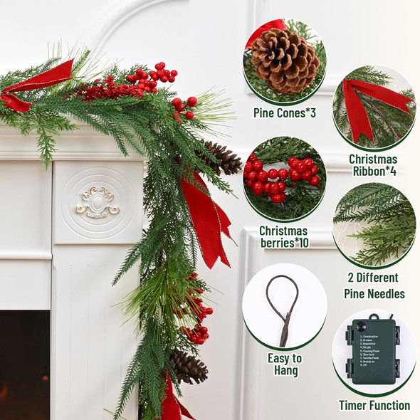 Christmas Garland Decorations - 5.9 FT Real Touch Norfolk Pine Garland, Faux Cedar Garland Artificial Realistic,Christmas Garland with Pine Cones Ribbons for Mantle Indoor Outdoor Christmas Decor