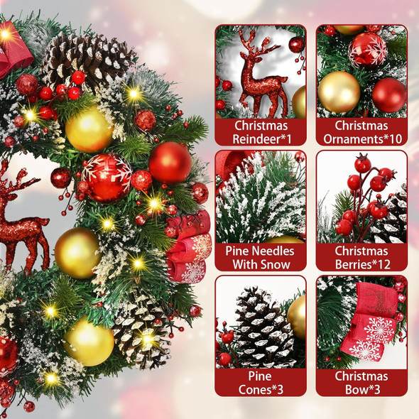 Christmas Wreath Decor - 16'' Christmas Wreaths for Front Door with Sparkly Red Christmas Reindeer Berries Cones Pine Needles, Christmas Door Wreath for Home Door Wall Party Christmas Decorations