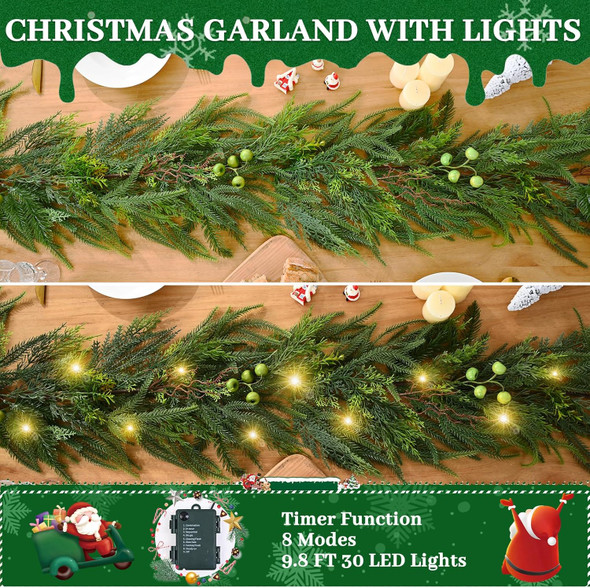 Christmas Garland Decorations, 5.9 FT Norfolk Pine Garland Cedar Garland with Berries, Real Touch Garland Christmas Decorations Pine Garland for Mantle Indoor Outdoor Table Door Christmas Decor