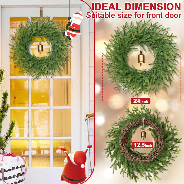Christmas Wreath Decorations - 24" Norfolk Pine Wreath with Vintage Charm Cow Bell, Christmas Wreaths for Front Door, Christmas Door Wreath for Christmas Decor Indoor Outdoor Window Wall Decoration